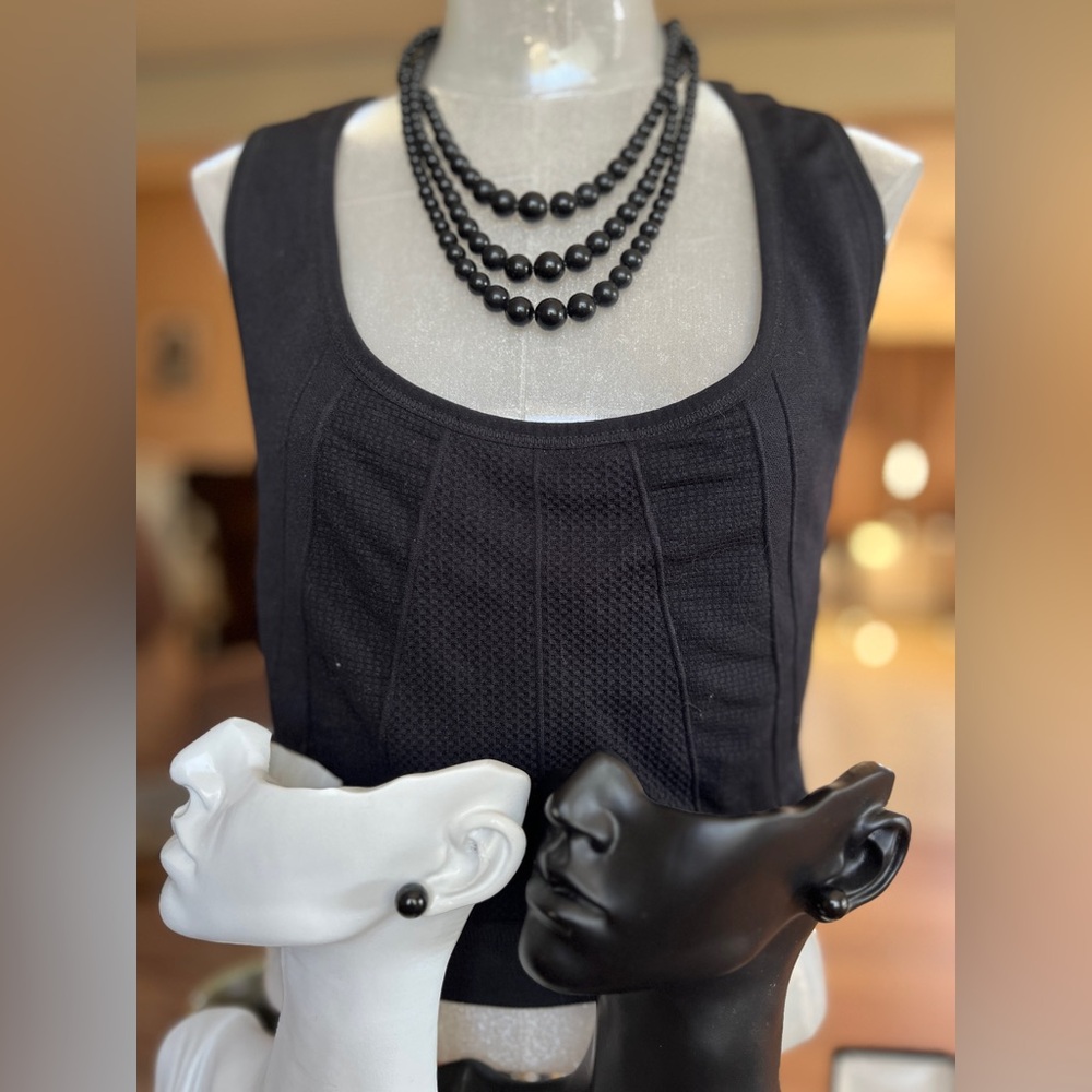 Vintage Style 3-Strand Black Bead Necklace & Pierced Earrings Set. Signed Japan